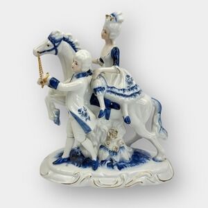 Vintage Porcelain Horse Rider & Handler Figurine Blue White Gold Trim 9 Inch